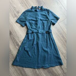 ModCloth Blue & Green Checkered Short-Sleeve Midi Dress Fit and Flare Gingham M